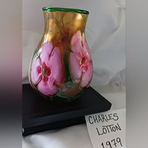 Charles Lotton Pink and Amber Floral Vase